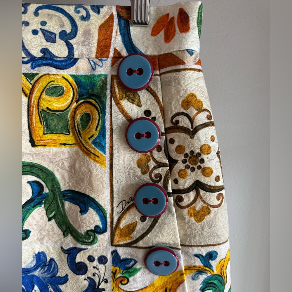 Dolce & Gabbana Majolica Lemon Mediterranean Tile Print Silk Skirt ALTERED SzMED - Picture 2 of 16